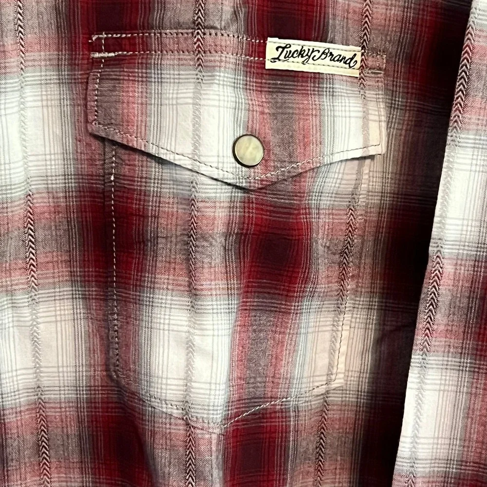 EUC Lucky Brand Mens Red Plaid Western Pearl Snap Shirt XL 7MD41077 Long Sleeve